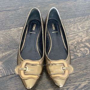 Gold Fendi patent leather buckle flats, size 38.5
